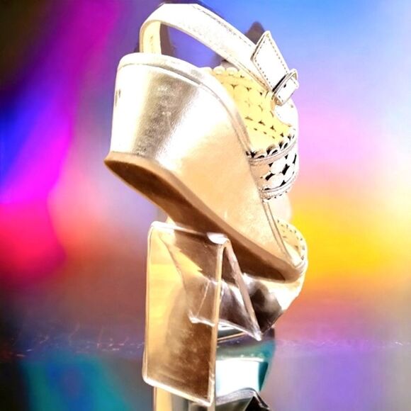 SANDALS by ALEX MARIE SILVER Strappy WEDGE Woven METALLIC SILVER SIZE 7 - Picture 12 of 13